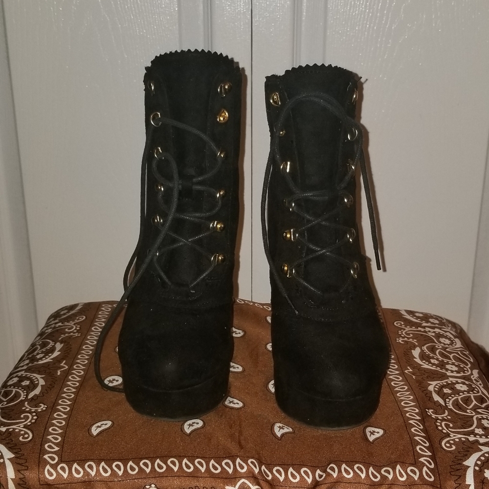 Black faux suede high heel booties